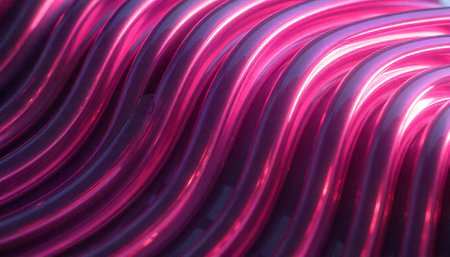 Abstract close-up of magenta curved tubes with bright reflectionsの写真素材