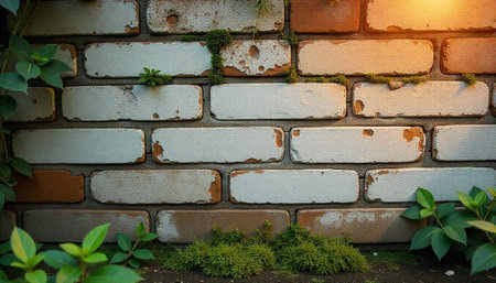 Distressed brick wall with moss and plant lifeの写真素材