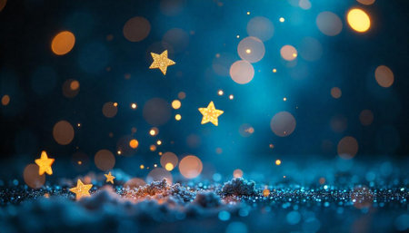 Golden stars shimmering against a blue and bokeh background