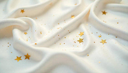 Elegant draped fabric with scattered golden star confetti background