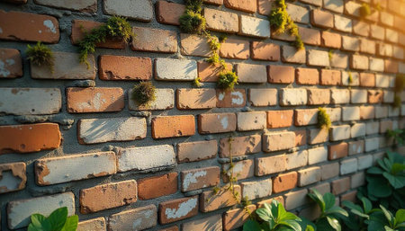 Aged brick wall with moss and climbing vines textureの写真素材