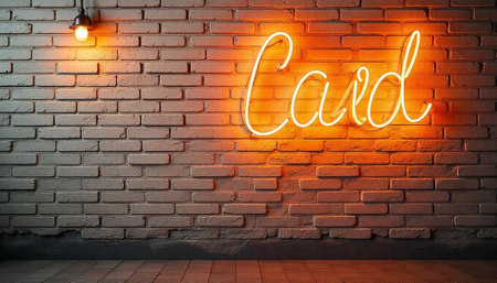 Illuminated brick wall with neon sign and spotlight glowの写真素材