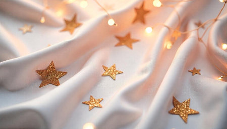 Golden star decorations and string lights on silk fabric