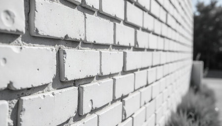 Monochromatic white brick wall receding into the distanceの写真素材