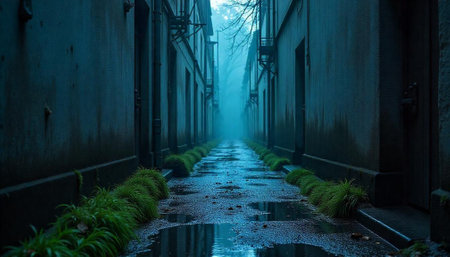 Misty urban alleyway with reflections and textured wallsの写真素材
