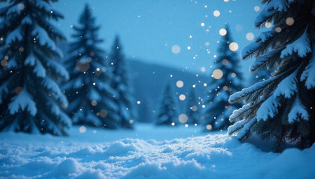 Snowy pine trees sparkle in a serene winter landscape