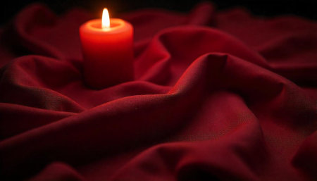 Burning red candle resting on a luxurious silk cloth