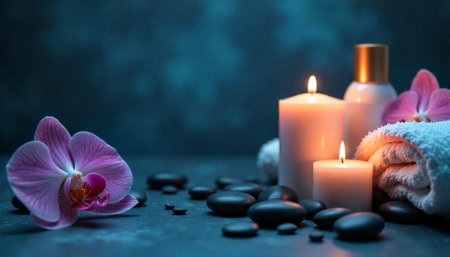 Tranquil spa scene featuring orchids candles and black stonesの写真素材