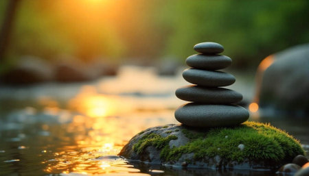 Balanced stone stack by riverbank at golden sunriseの写真素材