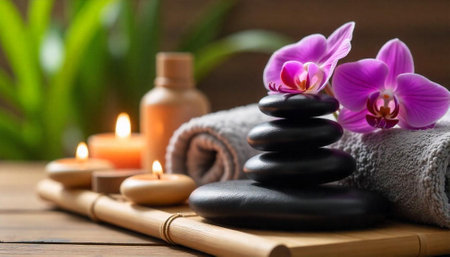 Tranquil spa setting with stones, orchids, and candlesの写真素材