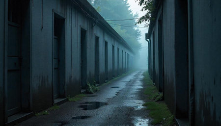 Misty alleyway with repeating structures on a rainy dayの写真素材