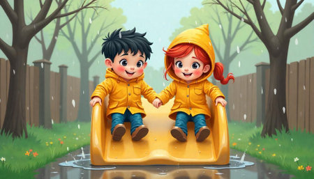 Happy Children Playing on a Slide in the Rainの写真素材
