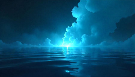 Mystical water and clouds at night shining moonlight reflectionの写真素材