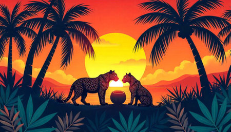 Leopards at sunset under palms in a vibrant landscapeの写真素材