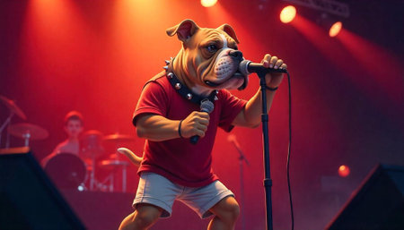 Singing dog performer on stage in red light show