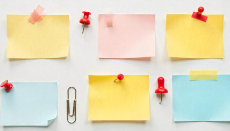 Colorful sticky notes and push pins arranged on white backgroundの写真素材