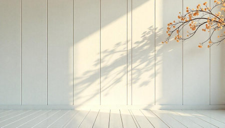 Minimalist interior space with wooden panels and floral accent