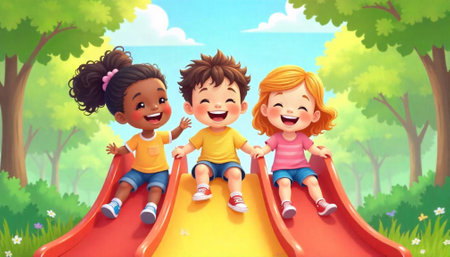 Happy children enjoying a bright day on the slideの写真素材