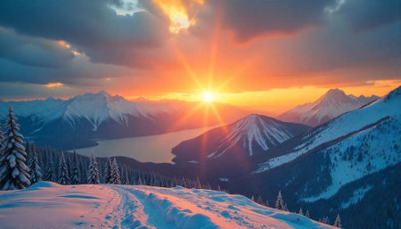 Dramatic mountain landscape at sunrise with snow and treesの写真素材