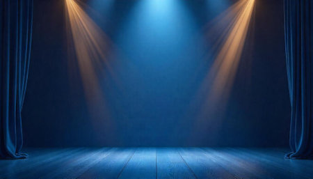 Empty stage with curtains and spotlights in blue tonesの写真素材