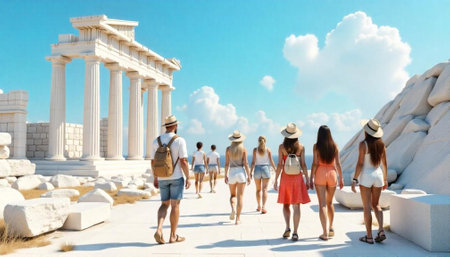 Group of Friends Exploring Ancient Ruins on a Sunny Dayの写真素材