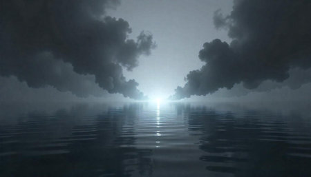 Serene ocean reflecting sky with ominous clouds and sunlightの写真素材