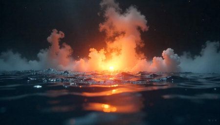Dramatic sunset over turbulent sea with cloudscape reflection