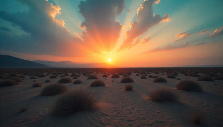 Desert landscape with vibrant sunset and cloud formationsの写真素材