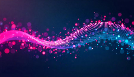 Abstract flowing wave of pink and blue glowing particles