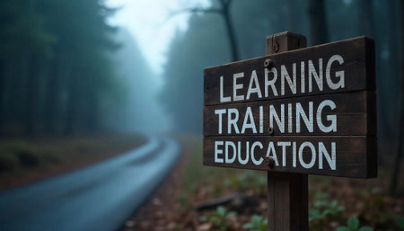 Educational Signpost Amidst a Forest Road on a Misty Dayの写真素材