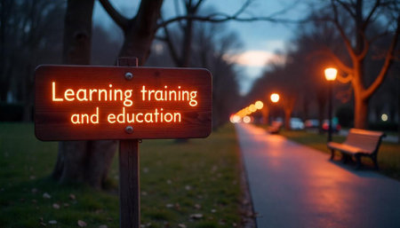 Illuminated Learning Training and Education Sign in Park at Duskの写真素材