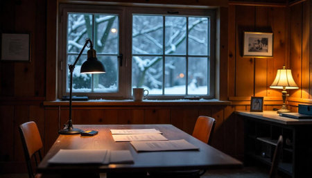 Cozy study interior with desk and winter window viewの写真素材