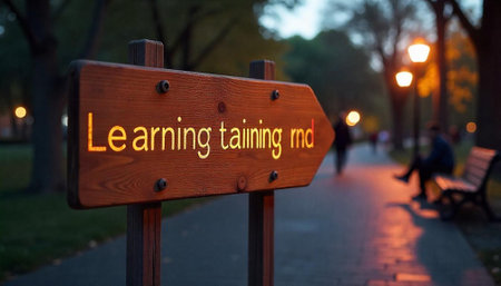 Wooden sign pointing towards learning and training opportunities outdoorsの写真素材
