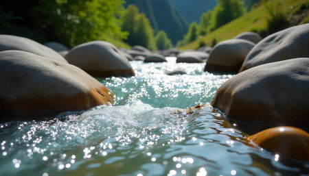 Scenic river view with smooth stones and green landscape