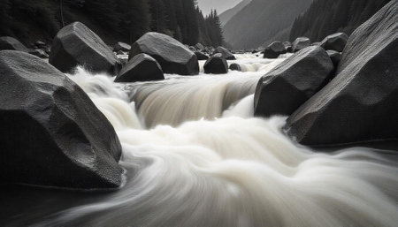 Silky river flowing through rocks and evergreen forest landscapeの写真素材