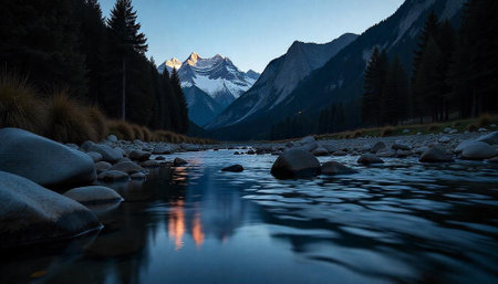 Serene mountain landscape reflecting in calm river water sceneの写真素材