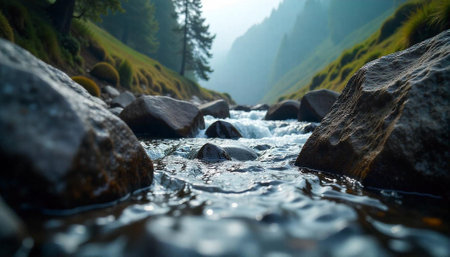 Mountain river landscape featuring flowing water and smooth rocksの写真素材