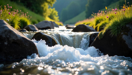Crystal stream flowing over rocks with wildflowers landscape viewの写真素材