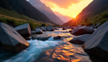 Mountain River at Sunset with Boulders and Golden Lightの写真素材