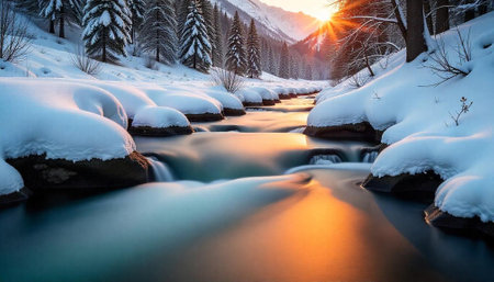 Winter river scene with snow and golden sunlight filtering throughの写真素材