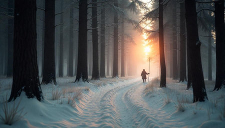 Lone traveler walking in snowy forest towards bright lightの写真素材
