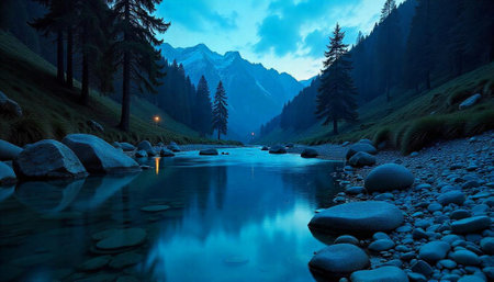 Mountain river landscape with trees rocks and moody blue skyの写真素材