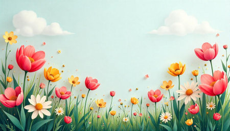 Pastel floral meadow with pink and yellow flowers illustrationの写真素材
