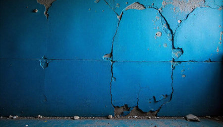 Blue painted wall texture with cracks and exposed concrete