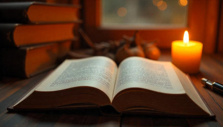 Open book with candle and pen on wooden tableの写真素材