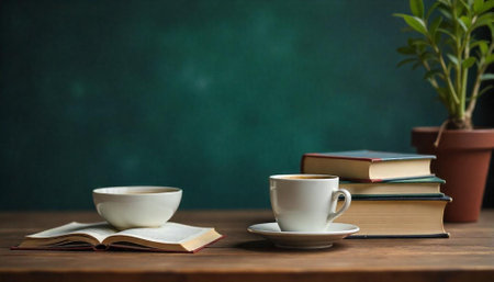 Cozy scene of coffee and books on wooden tableの写真素材
