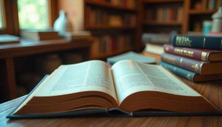 Open book on wooden table surrounded by bookshelves