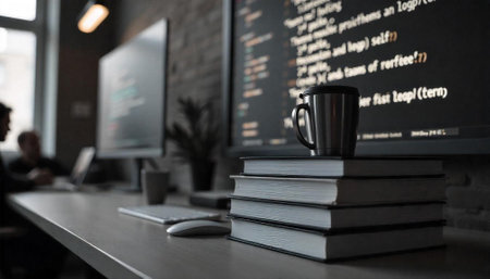 Developer workspace with books and code on screen