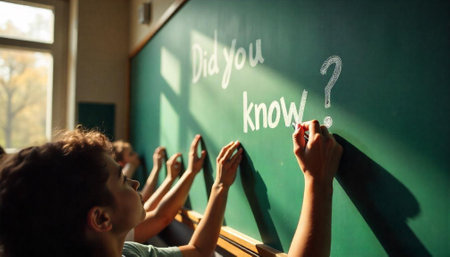 Students writing Did You Know on classroom chalkboardの写真素材