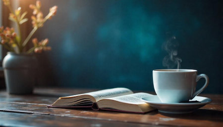 Coffee book and flowers on a wooden surface still lifeの写真素材